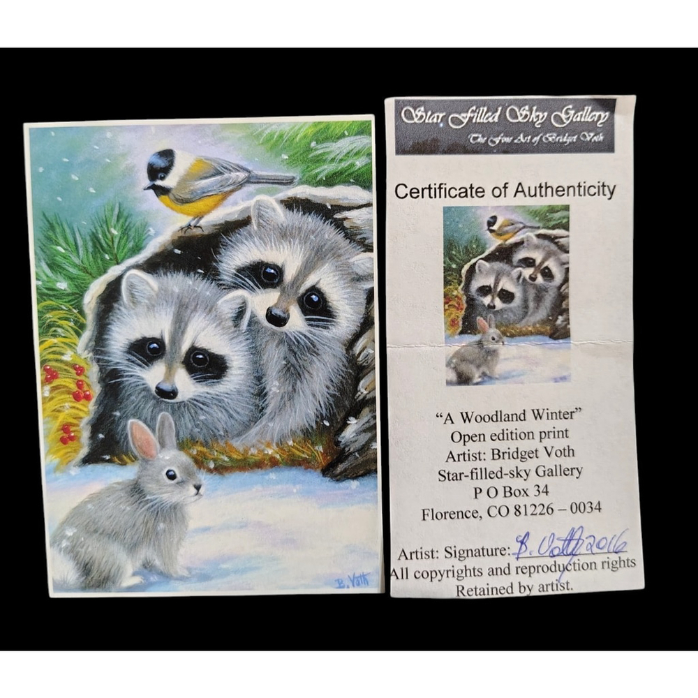ACEO Bridget Voth Print Card Raccoon " A Woodland Winter" Signed W/certificate